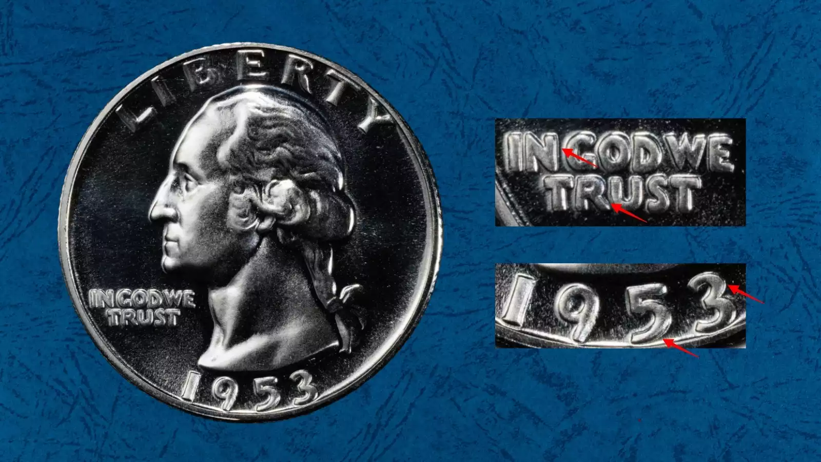 1953 Proof Doubled Die Obverse FS-101 showing doubling on IN GOD WE TRUST motto and Washington hair details