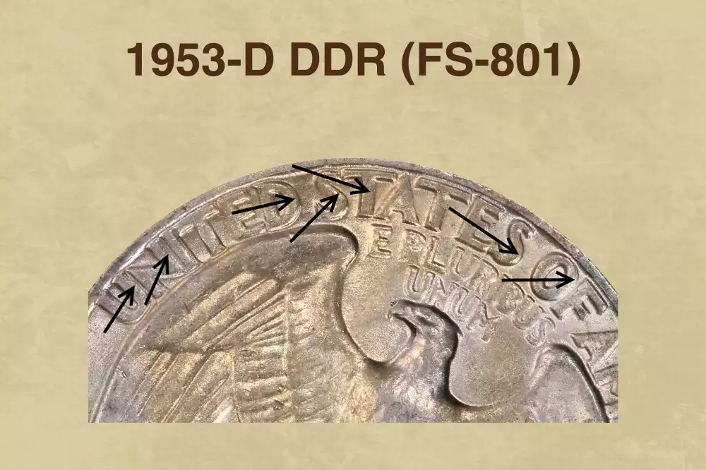 1953-D Quarter Doubled Die Reverse FS-801 showing doubling on eagle wing feathers and QUARTER DOLLAR lettering