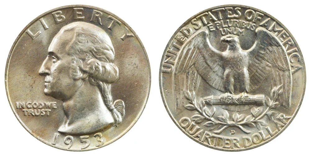 Group photograph of 1953 Washington Quarters from Philadelphia, Denver, and San Francisco mints showing typical examples