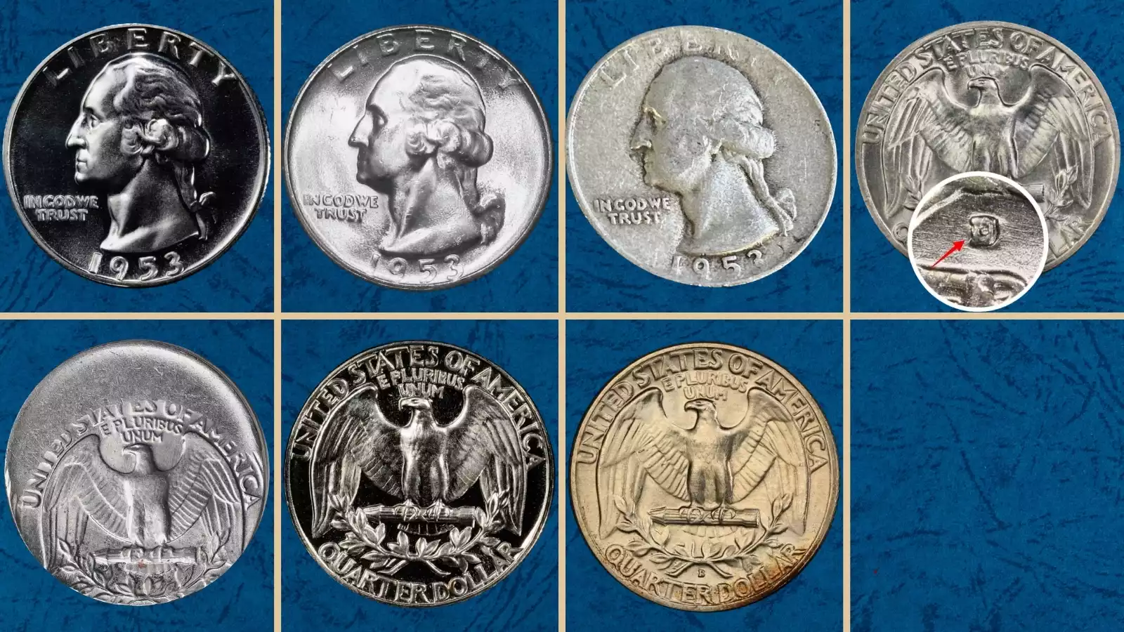 1953 Washington Quarter grading strip showing four condition levels: Worn, Circulated, Uncirculated, and Gem